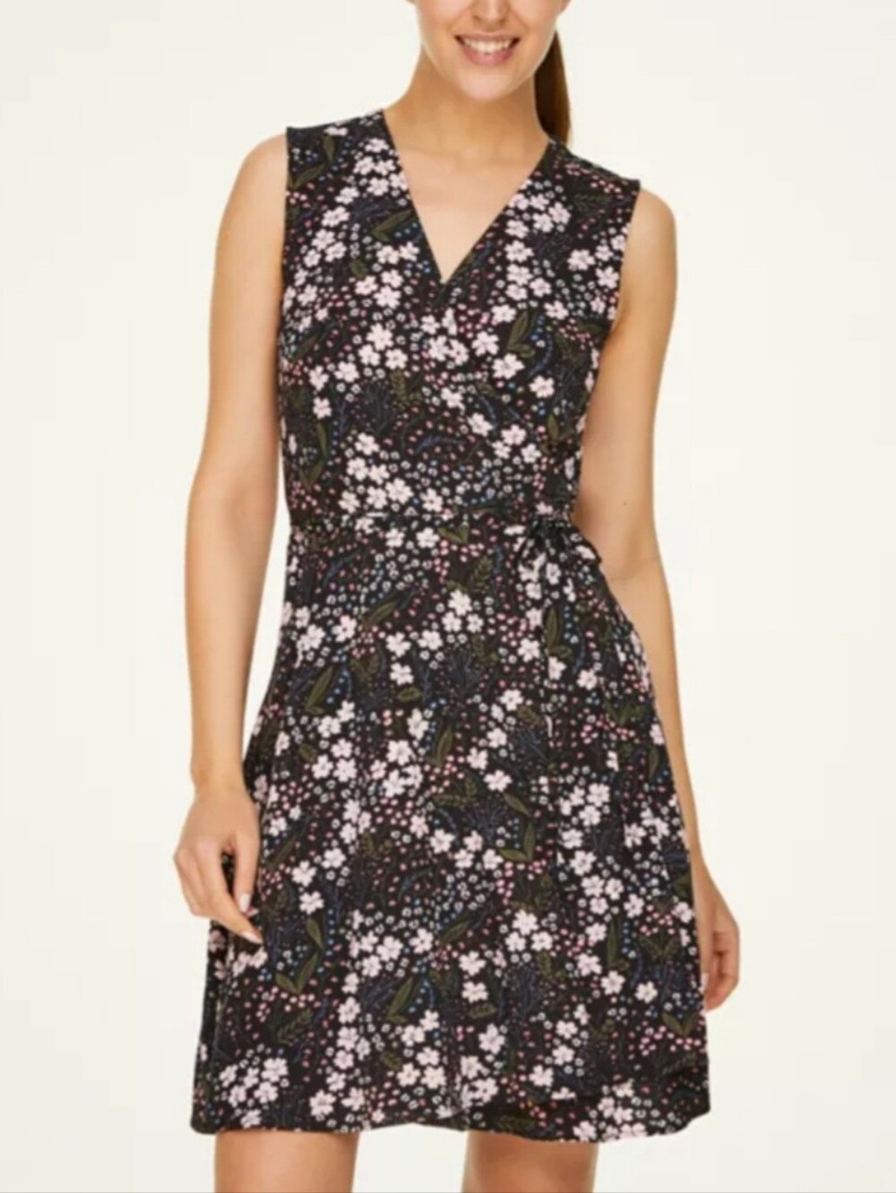 LOFT Black Sleeveless Floral Wrap Dress
